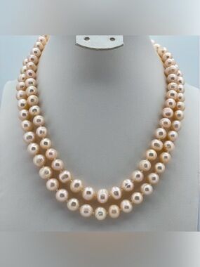 Luxury 7-8mm Peach Pink Freshwater Pearl Knotted Strand Necklace 925 Clasp